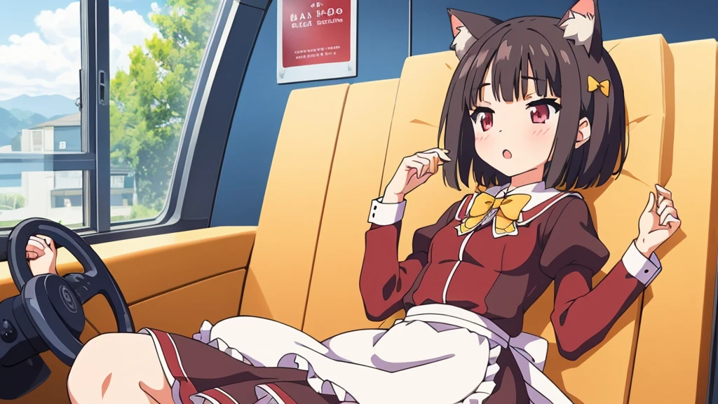 1 girl, Alone, Brown hair, animal ears, cola, cat ears, cat cola, bow, old, two sides up, long sleeves, maid headvestido, Bell, jingle Bell, food, short hair, short dress mini skirt, small old, puffy sleeves, bowtie, cat girl, steering wheels, juliet sleeves, animal ear fluff, hits, apron, hair bow, clothing trimming, strawberry, blush, clavicle