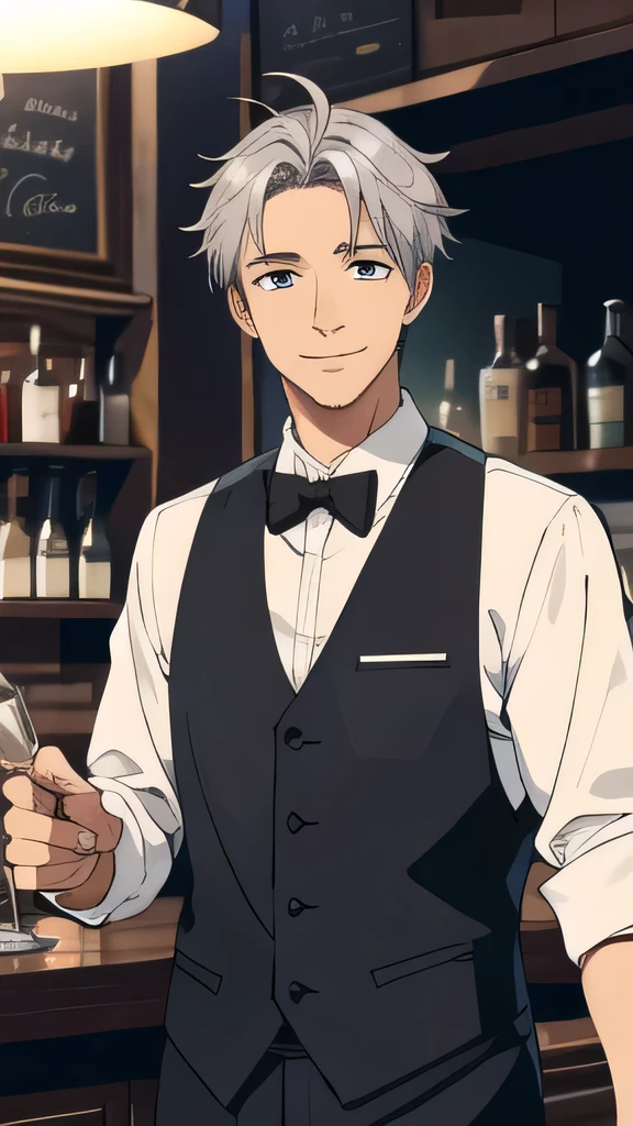 (Highest quality, Masterpiece Bartender), Cafe staff, 1 male, 40 years old, wonderful, a handsome guy, A kind smile, Silver Hair,,whole body