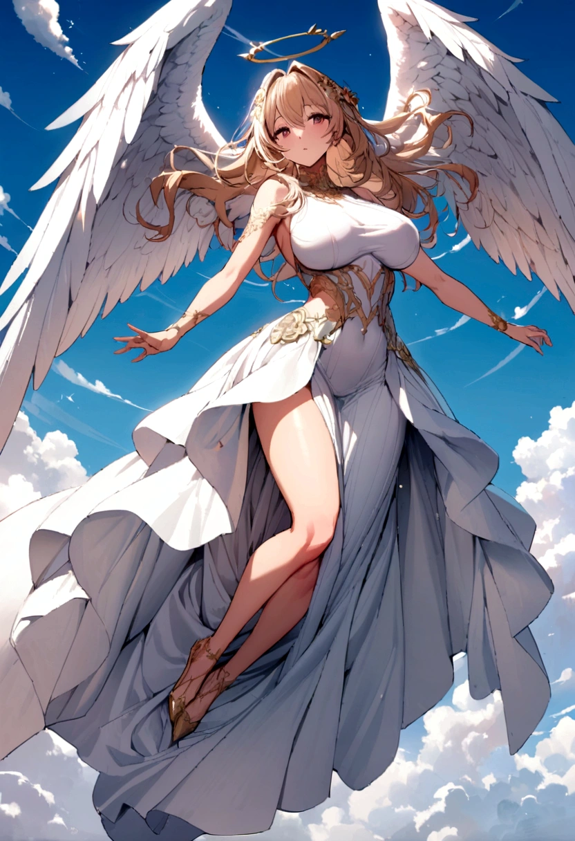 Big Breasts Angel, Wearing a gorgeous dress that covers the whole body, Floating in the air, angel wings, outdoor
