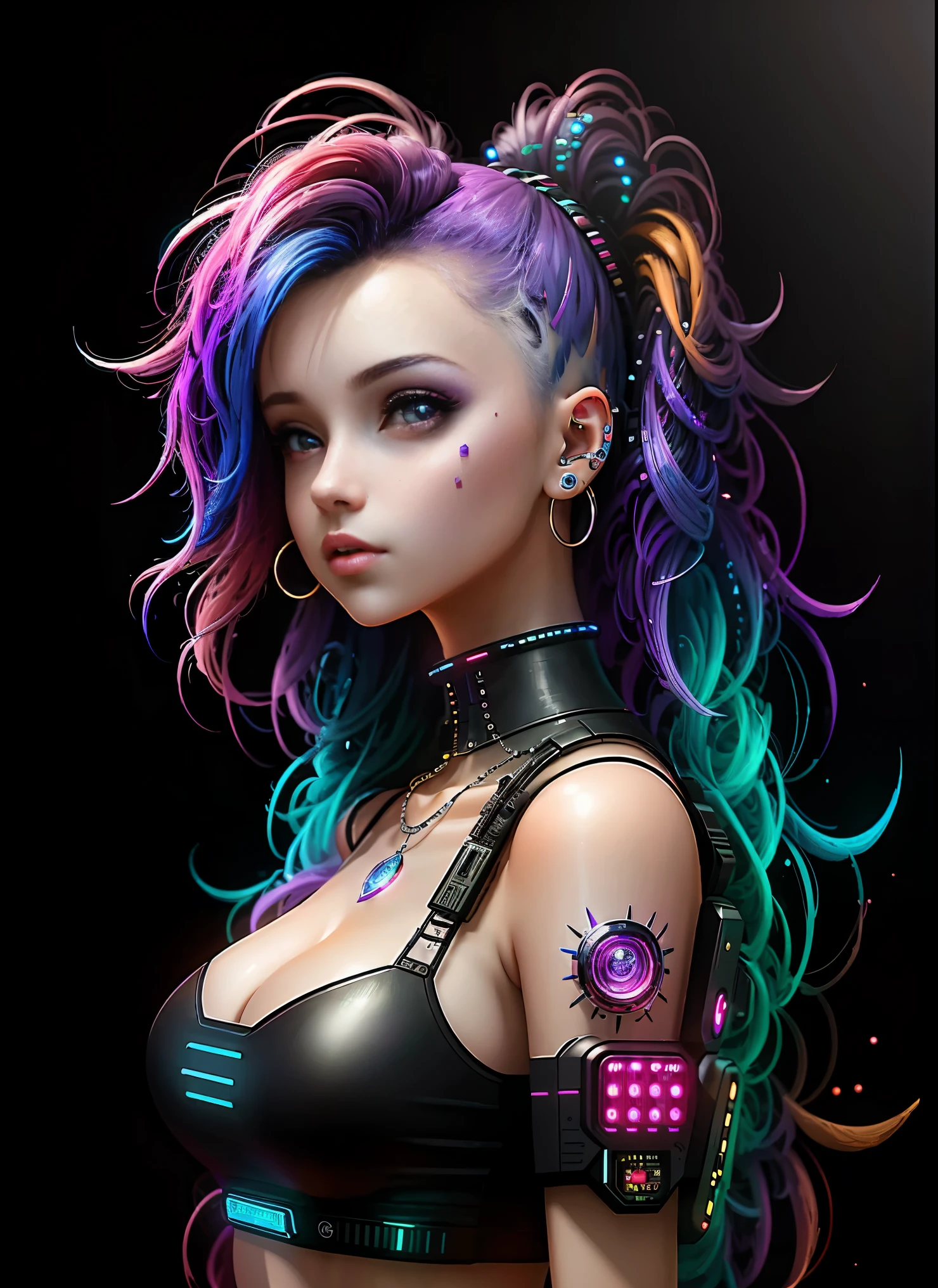 ((best quality)), ((​masterpiece)), ((realisti)), (Detailed), (1 girl) Full body woman with colorful hair and piercings, Dreamy Cyberpunk Girl, Digital art in 4K with high detail, stunning digital illustration, Stunning 8K graphics, colorful digital fantasy art, colorful and dark, beautiful digital artwork, Colorful digital painting, cyberpunk digital anime art, Portrait of a girl with glowing wave, Digital wallpaper art in 8K HD, beautiful digital painting