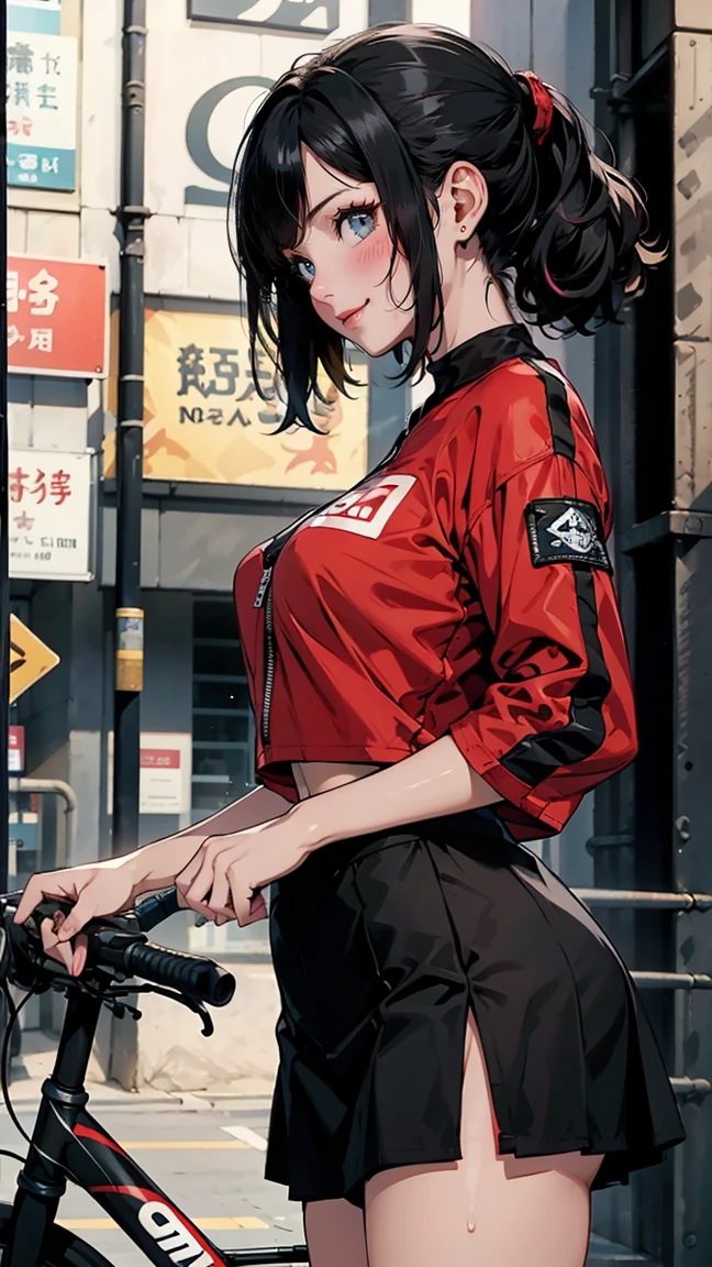 ((((highest quality)))), (((Ultra-precision CG 16K))), (((masterpiece))), (((Very detailed))), (((Extremely detailed))), (((Black outline:1.3, Written boundary depth:1.3 , Written soft outline))), Blur, Bokeh, Maximum clarity and sharpness,Multilayer Texture, Surface Shading, Cinematic lighting, Beautiful details sparkle ,Perfect Proportions, Limited to three woman, BREAK accurate, Anatomically correct, Highly detailed face and skin texture, drawn in detail, Highly detailed facial and skin texture, Detailed eyes, beautiful hair, Beautiful Japanese Idol face, Beautiful and beautiful eyes, Beautiful body, Beautiful breasts, Beautiful thighs, Beautiful legs, Beautiful fingers, (Beautiful views) , skinny body, ((Beautiful Skin)), ((Skin Texture)) BREAK breast enlarged, large Breasts, rocket breasts, slender waist, (blush, determined expression, workout, hot, sweating, sweaty, Heavy breathing,) BREAK (((no-bra, oversized t-shirt, low rise, mini-skirt with slits, no-sleeve, outfit is zipped up, breast is covered by outfit))) , wearing earrings, BREAK ( stick breast out),((( a woman riding on the bicycle:1.3, a girl bike on the street, bending over, serious, (fist pump), from side , from below, looking at viewer, bust up, cowboy shot))),