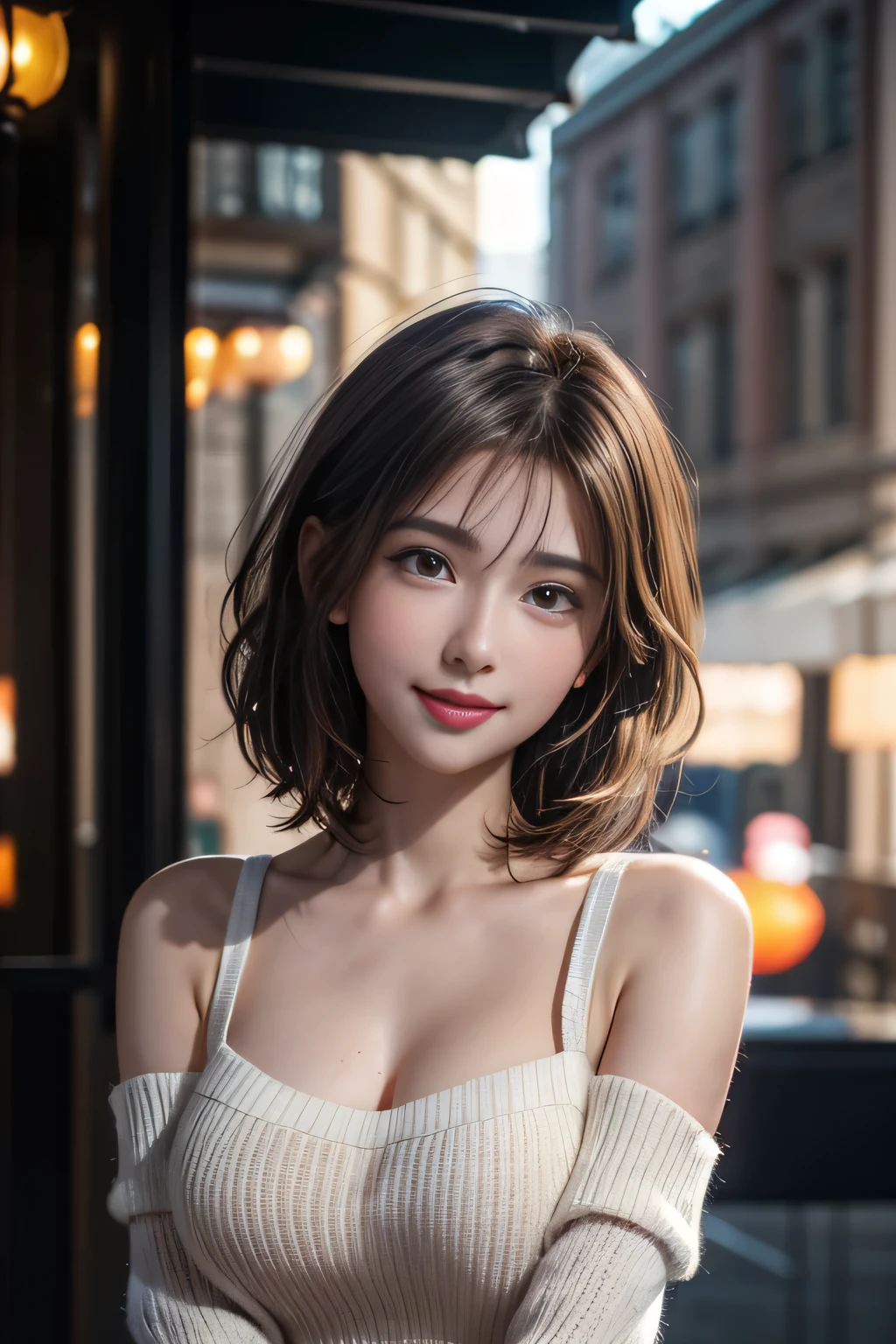 (logo, masterpiece, 8K, Tabletop, RAW Photos, wonderful, 最high quality, Photorealistic and very detailed CG synthesis 8K wallpaper, high quality, Very detailed, Narrative poem, Particle Effects, Dynamic Effects, Depth of the Boundary, Cinematic Light, Lens flare, Ray Tracing), short hair beautiful woman, Tie your hair back, Skin with attention to detail, Very fine, Fine skin, Beautiful Face, Realistic eyes, Beautiful and detailed, Realistic Skin, Beautiful Skin, surreal, Smiling Eyes, Hair and light eyes, Vibrant, Colorful lights and bokeh. The lighting casts a warm glow on her face and hair.. Creates a dreamy and magical atmosphere, Big Breasts, Brown Hair, short hair, plump lower lip, Pink blush on cheeks , Pink Lips, Brown tight no-shoulder knit sweater