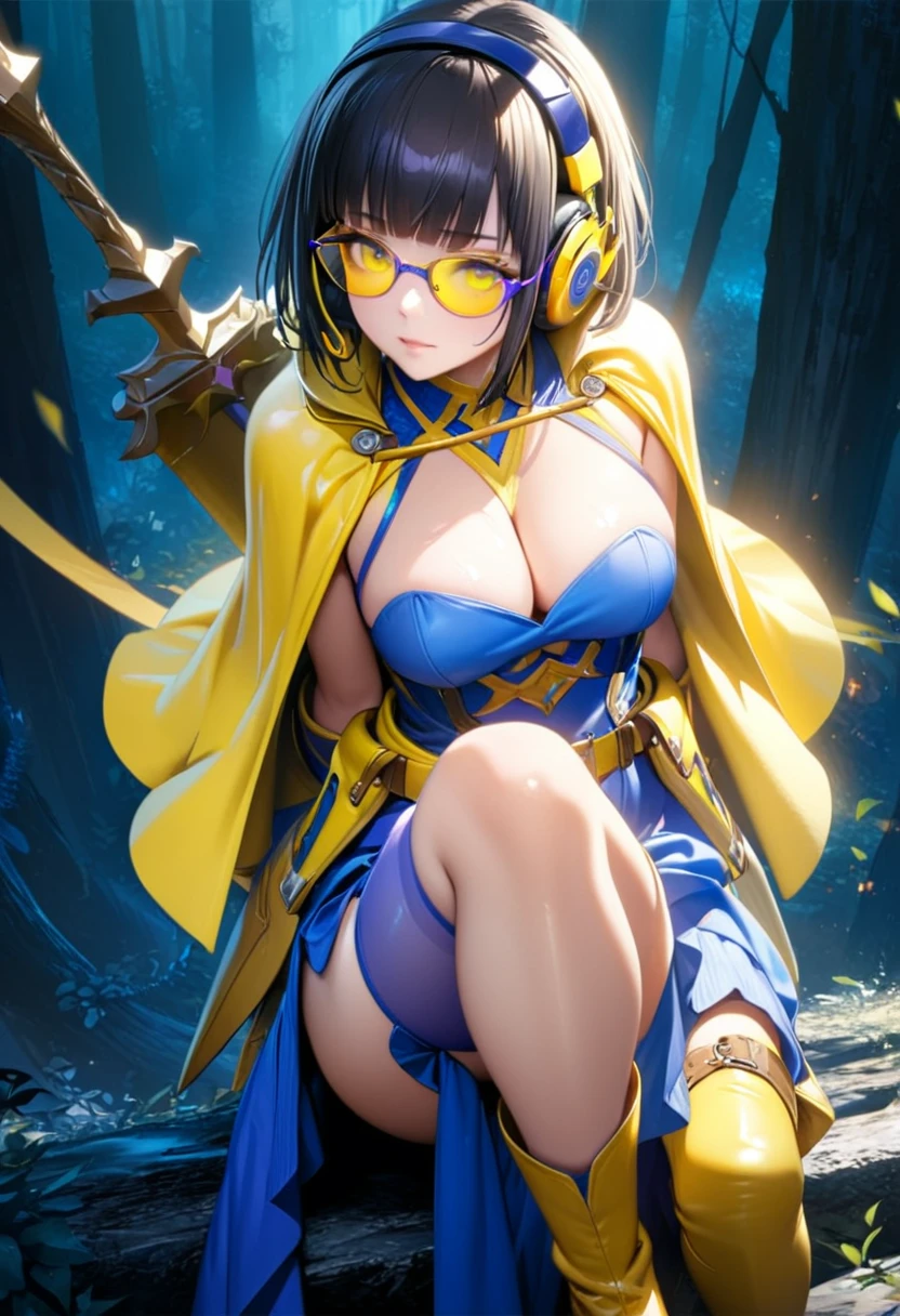 (((Top Quality: 1.4))),(Unparalleled Masterpiece), (Ultra High Definition),(Ultra-Realistic 8k CG),official art, (sheathed weapon on back:1.2), roto (dq3), 1girl, solo, (((yellow glasses:1.3))), (headphone:1.2), shiny hair, black short hair, blunt bangs, circlet, cleavage, strapless, blue dress, purple cape, thighhigh boots, elbow gloves, boots, belt, scabbard,, knee boots, in dark forest,