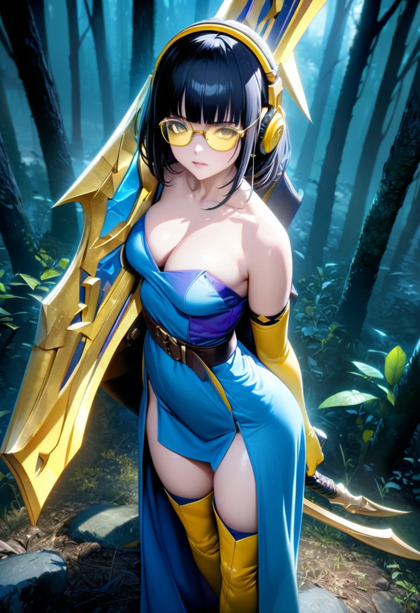 (((Top Quality: 1.4))),(Unparalleled Masterpiece), (Ultra High Definition),(Ultra-Realistic 8k CG),official art, (sheathed weapon on back:1.2), roto (dq3), 1girl, solo, (((yellow glasses:1.3))), (headphone:1.2), shiny hair, black short hair, blunt bangs, circlet, cleavage, strapless, blue dress, purple cape, thighhigh boots, elbow gloves, boots, belt, scabbard,, knee boots, in dark forest,