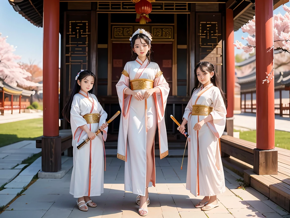 best quality, masterpiece, highres,3girls,Beautiful face,full body,chinese clothes,white Taoist robes,right hand hold sword with (Gorgeous ornamentation),peach trees,