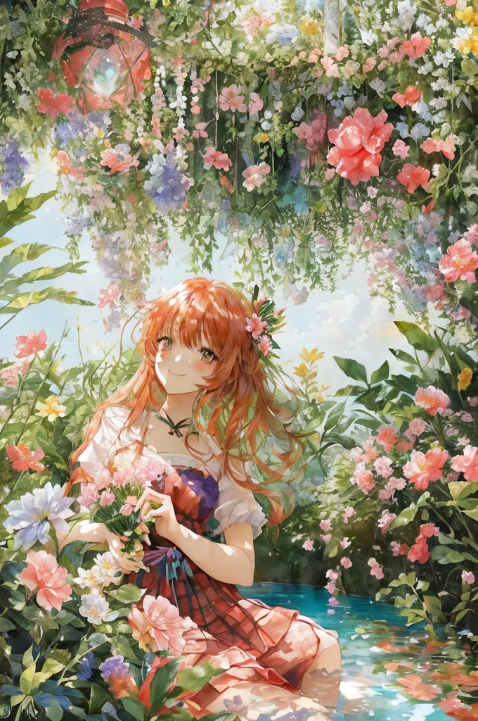 anime smiling girl sitting in a garden with flowers and a blue pool, 🌺 cgsociety, beautiful anime portrait, official artwork, portrait of asuka langley soryu, beautiful anime art style, beautiful anime art, kawaii realistic portrait, beautiful anime girl, beautiful anime style, , beautiful anime artwork, beautiful anime, guweiz on pixiv artstation, rin