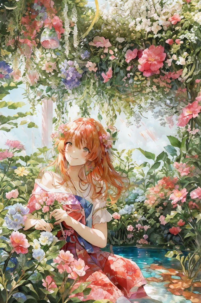 anime smiling girl sitting in a garden with flowers and a blue pool, 🌺 cgsociety, beautiful anime portrait, official artwork, portrait of asuka langley soryu, beautiful anime art style, beautiful anime art, kawaii realistic portrait, beautiful anime girl, beautiful anime style, , beautiful anime artwork, beautiful anime, guweiz on pixiv artstation, rin