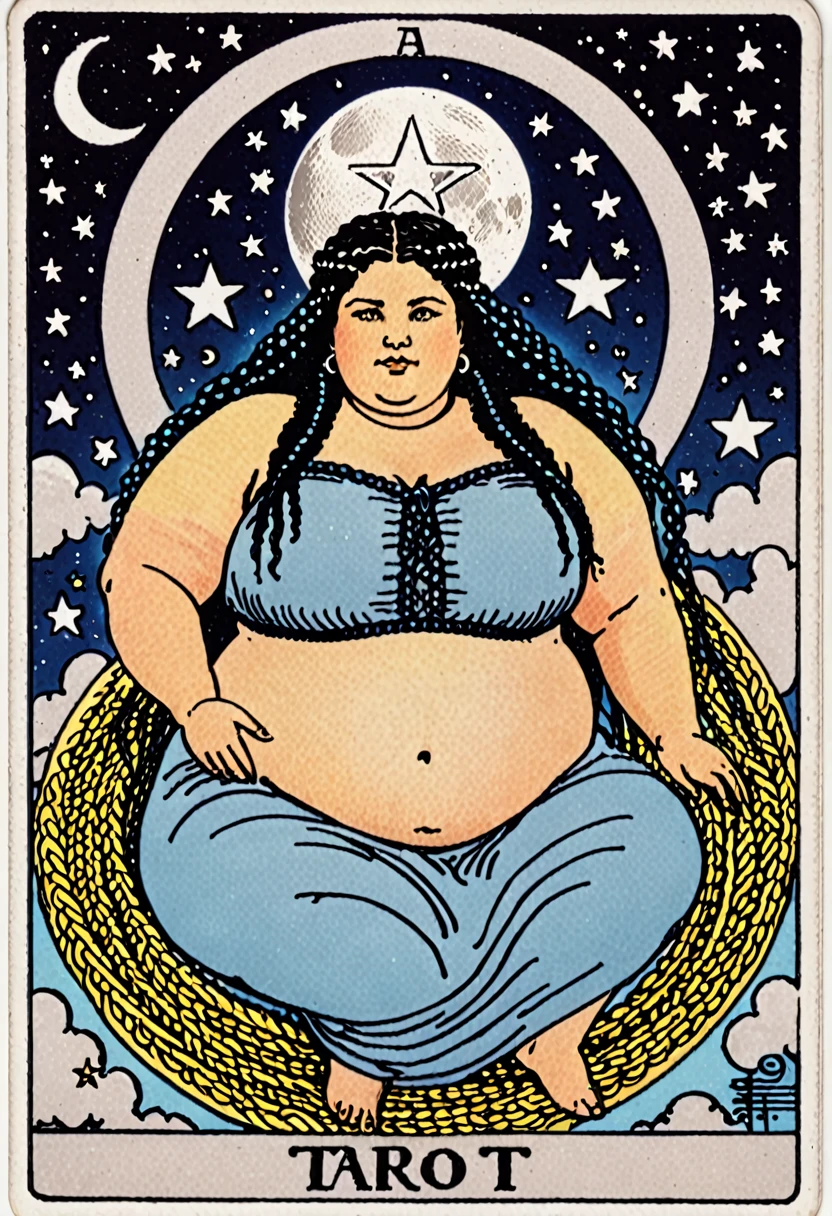 A tarot card featuring a chubby woman with braided black hair, stars and moon imagery, in black blue white and silver