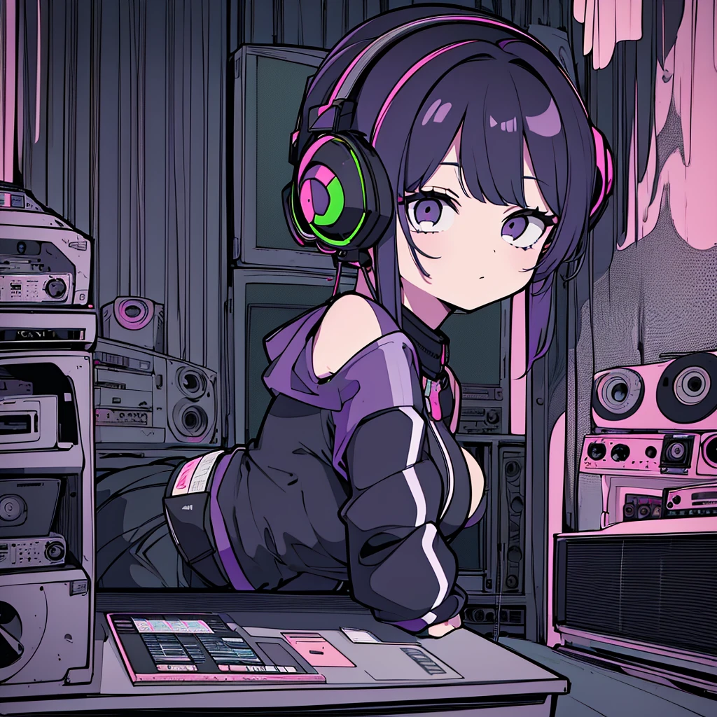 Best quality, (masterpiece), best detail face,1 girl, good breasts, 18 yo, 8k,absurdres,unity 8k wall paper,(extremely detailed:1.3), highest realistic, (retro headphones:), Her room full of music equipment and records, Light clothing, she is playing synth, See the whole room, She is leaving the room, dark purple color palette
