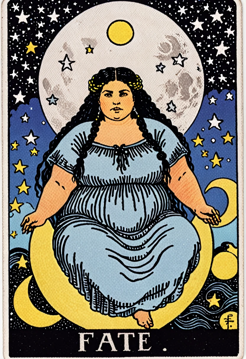 a chubby woman with braided black hair, stars and moon imagery, in black blue white and silver. It has the word "Fate" written at the bottom