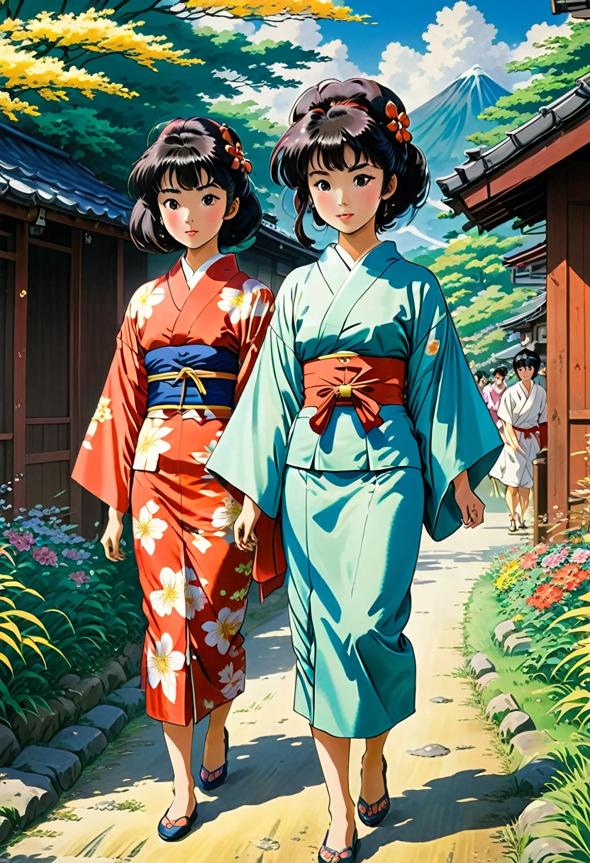 images or scene of young japanese adults 20ish both men and womenin 1960s japan during the summer in japanese countryside almost studio Ghibli feel, Ghibli art style,art style, (cartoon-style bold line work:1.2), vibrant colors, cel shading up close art style of animes during a very classic traditional japanese summertime very japanese bright vivid brilliant very vivid detailing of very 1960s Japan Summer like weight light kimonos and yukatas and 1960s style fashions