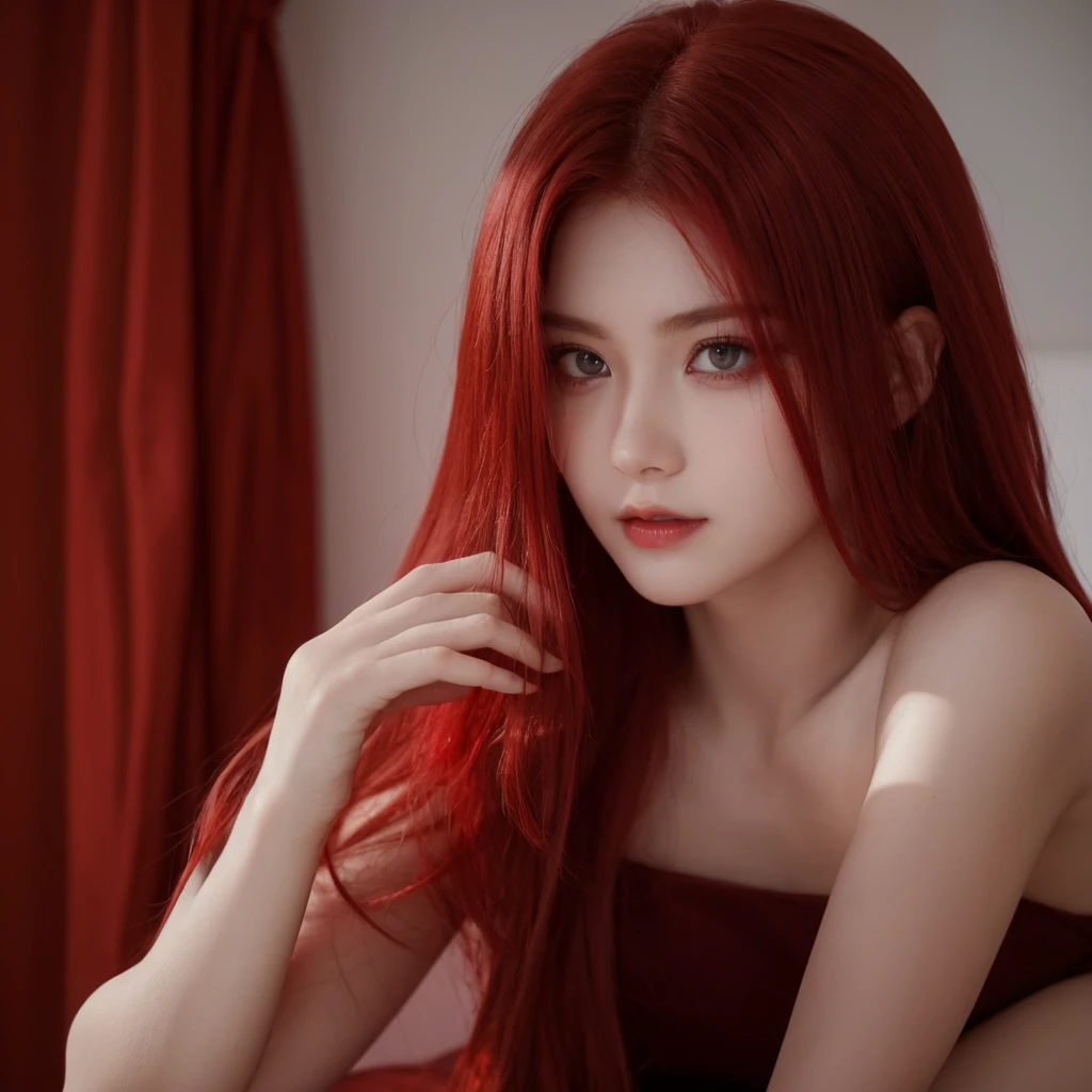 Red hair, sinister face, seductive, zoom to face, red eyes, one people, in room