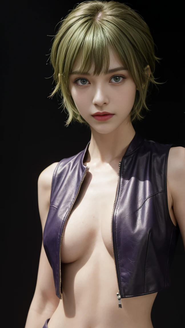 8K, Top Quality, Intricate Details, Ultra Detail, Ultra High Resolution, Masterpiece, close up shot, (full body: 1.1), Slender, Smile, (Makeup: 0.4), ,((purple eyes, green hair, bangs, short hair, random short hairstyle)), (Fluffy Eyes: 1.21), (()), 1girl, solo, 1 girl, (()), close up shot, , ((tall)), (((fit body))), (((slim face))), sharp face, ((mini open vest, leather open vest, torn leather, open zip leather, bikini short)) ,(detailed face), sharp face, small lips, , ,(( )) ,, ,
((,no bra, braless )), , (( )), detailed face, detailed breast, large breast ,huge breast, detail nipples ,, Narrow Waist, Skinny, tall , 190 cm tall, Muscular, Navel, Exposed Abdomen, Pointed Chest,, Beautiful girl with accentuated slender abs: 1.4, Six Pack Abs: 1.4, , Perfect Body, detail legs, (( dark background)), black background,
