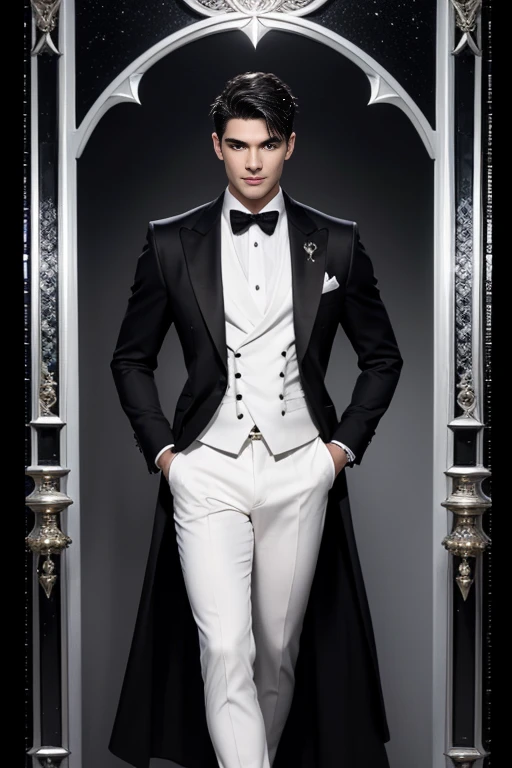 3d, HDR full body photorealistic ultra realism high definition aesthetic stabilized diffusion picture of handsome hunky fractal clean shaven King of Spades, in black onyx transparent sparkling shiny crystal glass chrome outfit,,look at camera, detailed facial parts,, studio as background, Freestyle Pose, Happy Expression, perfect anatomy, symmetric body,, 18 years old, high detail, a lean athletic body, realistic, human skin, extremely detailed fingers,  chad chin,, masculine, human skin, (eyes contact), gorgeous, Attractiveness 