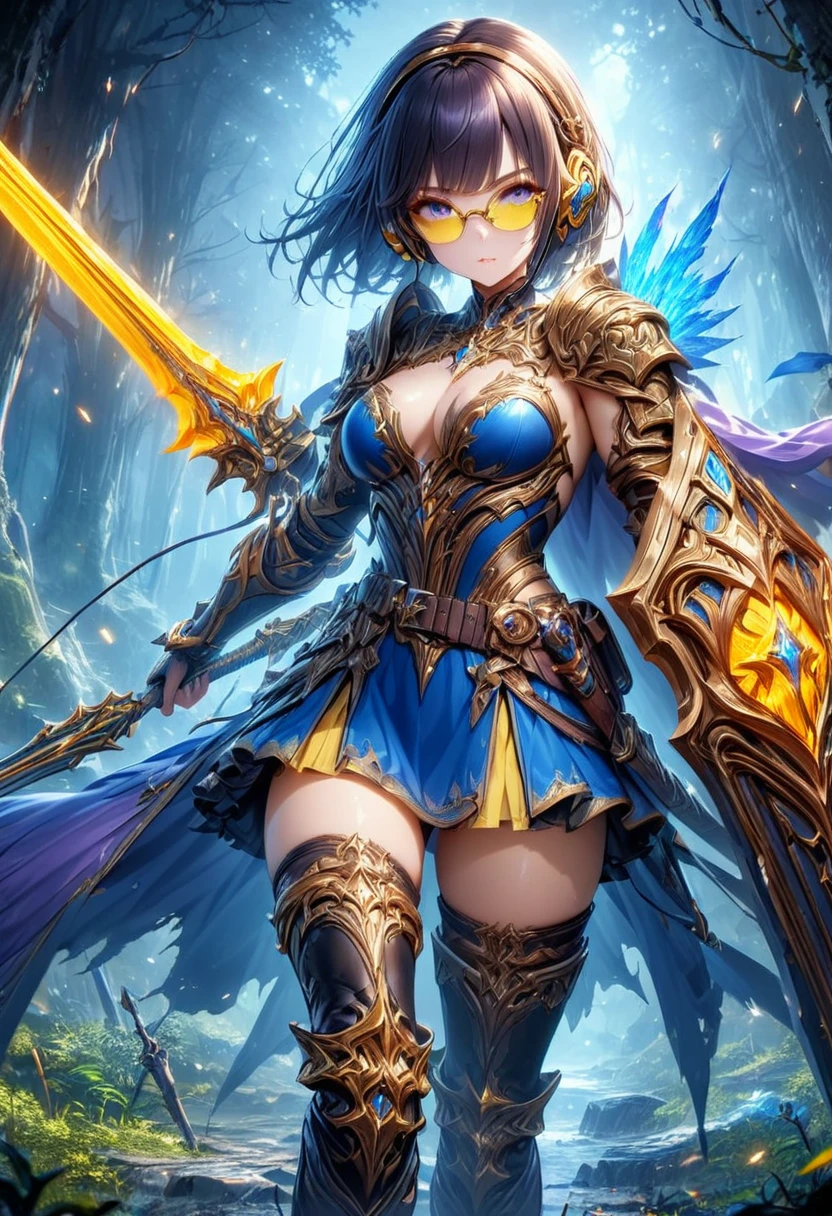 (((Top Quality: 1.4))),(Unparalleled Masterpiece), (Ultra High Definition),(Ultra-Realistic 8k CG),official art, (sheathed weapon on back:1.2), roto (dq3), 1girl, solo, (((yellow glasses:1.3))), (headphone:1.2), shiny hair, black short hair, blunt bangs, circlet, cleavage, strapless, blue dress, purple cape, thighhigh boots, elbow gloves, boots, belt, scabbard,, knee boots, in dark forest,