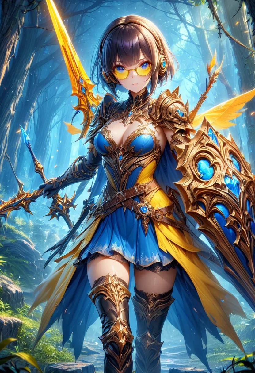 (((Top Quality: 1.4))),(Unparalleled Masterpiece), (Ultra High Definition),(Ultra-Realistic 8k CG),official art, (sheathed weapon on back:1.2), roto (dq3), 1girl, solo, (((yellow glasses:1.3))), (headphone:1.2), shiny hair, black short hair, blunt bangs, circlet, cleavage, strapless, blue dress, purple cape, thighhigh boots, elbow gloves, boots, belt, scabbard,, knee boots, in dark forest,