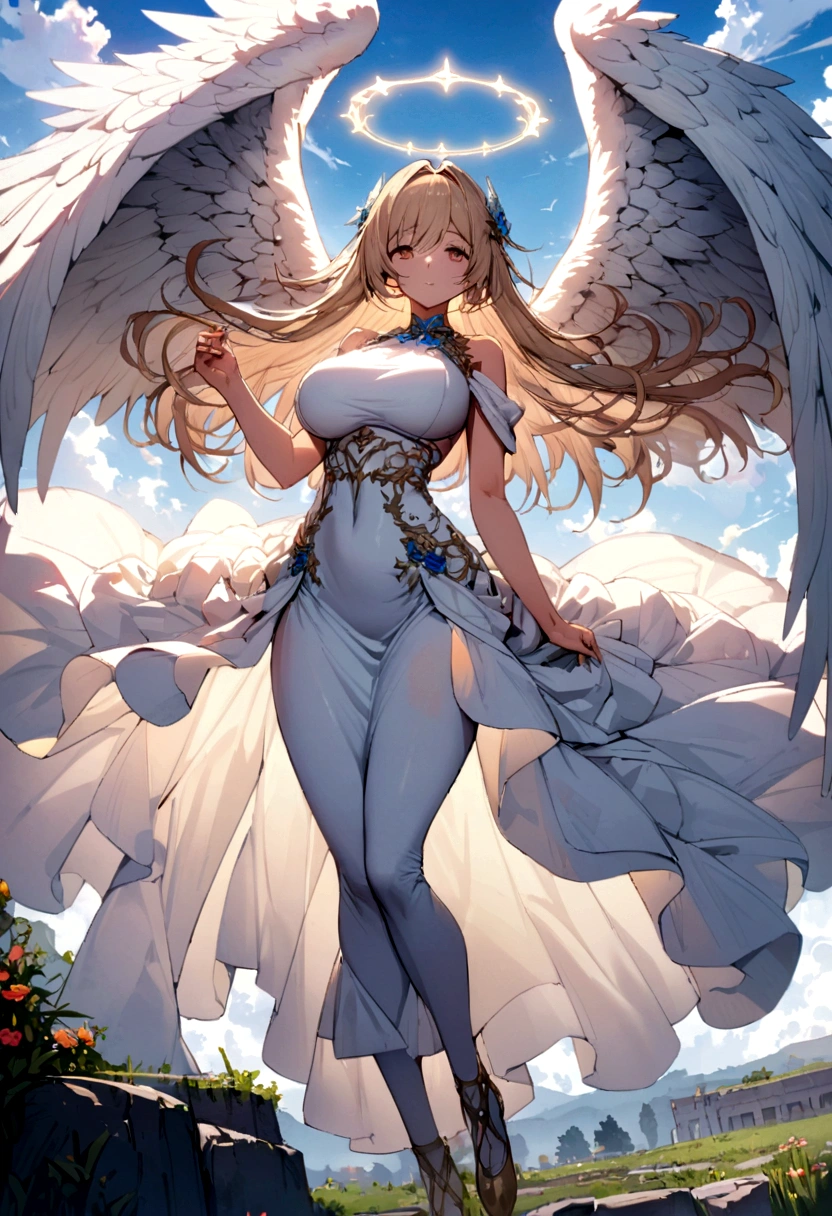 Female angel, blond, white wings, in the sky, clouds ,white woman , masterpiece, best quality, very aesthetic, full body ,big chest ,thighs, thin waist, no-bra , big chest, masterpiece, best quality, very aesthetic, from front angle, see-through, pubic hair, very revealing, visible waist 
