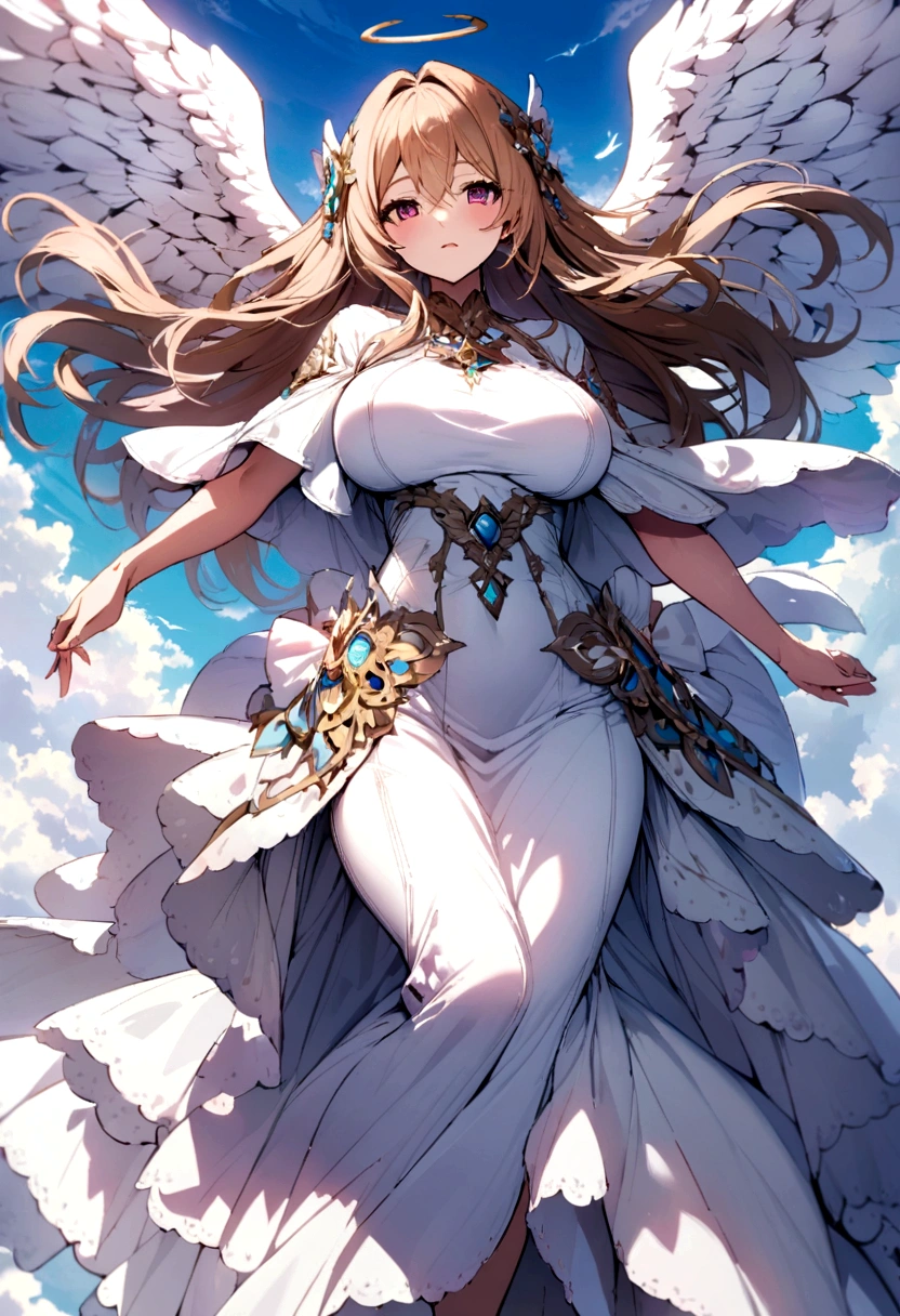 Big Breasts Angel, Wearing a gorgeous dress that covers the whole body, Floating in the air, angel wings, outdoor