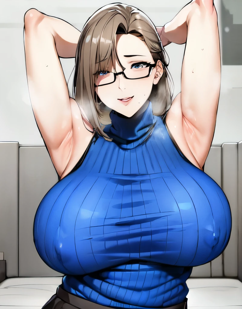 mature female,(large breasts:2.5),(shiny hair),((solo)),((masterpiece)),((best quality)),perfect anatomy,slim waist,perfect image,8k UHD,(beautiful detailed eyes:1.5),extremely detailed face,standing,(upper body:1.3),(look at the front:1.5),arms behindback,ultra-detailed,absurdres,highres,(light brown hair:1.5),((blunt bangs)),erotic lips,((sensitive smile)),sexy mature women,40 years-old,long hair,(blue ribbed sweater),sleeveless,mini skirt, showing armpits,sweat armpits, sexy pose, eye glasses, nipple visible, sweat drop