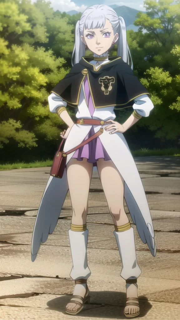 Noelle_BlackClover, 1girl, solo, earrings, twintails, jewelry, hand on hip, purple eyes, capelet, sandals, looking at viewer, outdoors, garden, bag, full body, standing, choker, grey hair, skirt, dress, long sleeves, long hair, closed mouth, belt, wings,