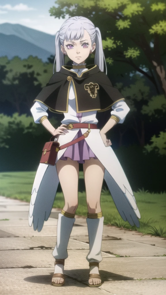 Noelle_BlackClover, 1girl, solo, earrings, twintails, jewelry, hand on hip, purple eyes, capelet, sandals, looking at viewer, outdoors, garden, bag, full body, standing, choker, grey hair, skirt, dress, long sleeves, long hair, closed mouth, belt, wings,