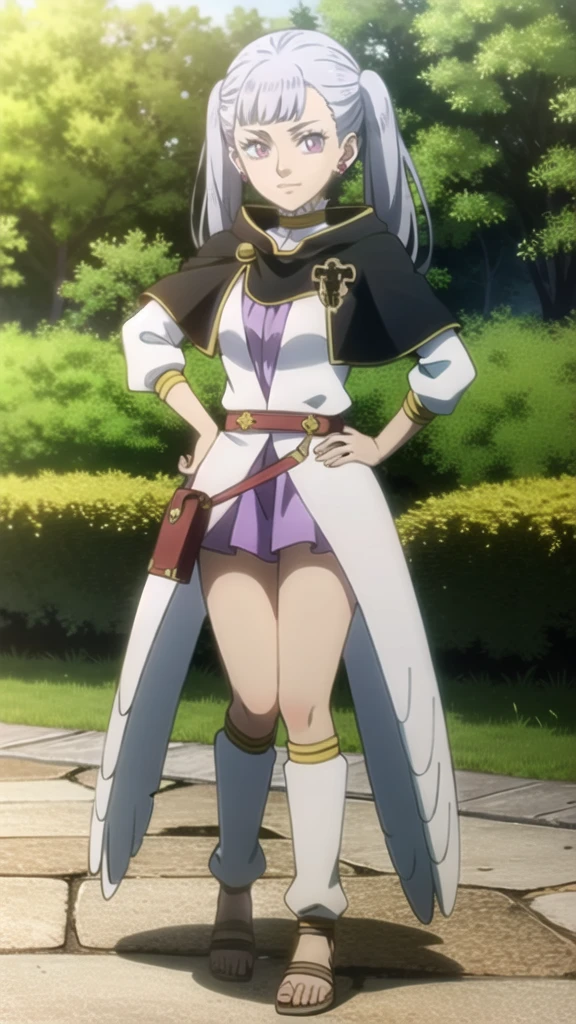 Noelle_BlackClover, 1girl, solo, earrings, twintails, jewelry, hand on hip, purple eyes, capelet, sandals, looking at viewer, outdoors, garden, bag, full body, standing, choker, grey hair, skirt, dress, long sleeves, long hair, closed mouth, belt, wings,
