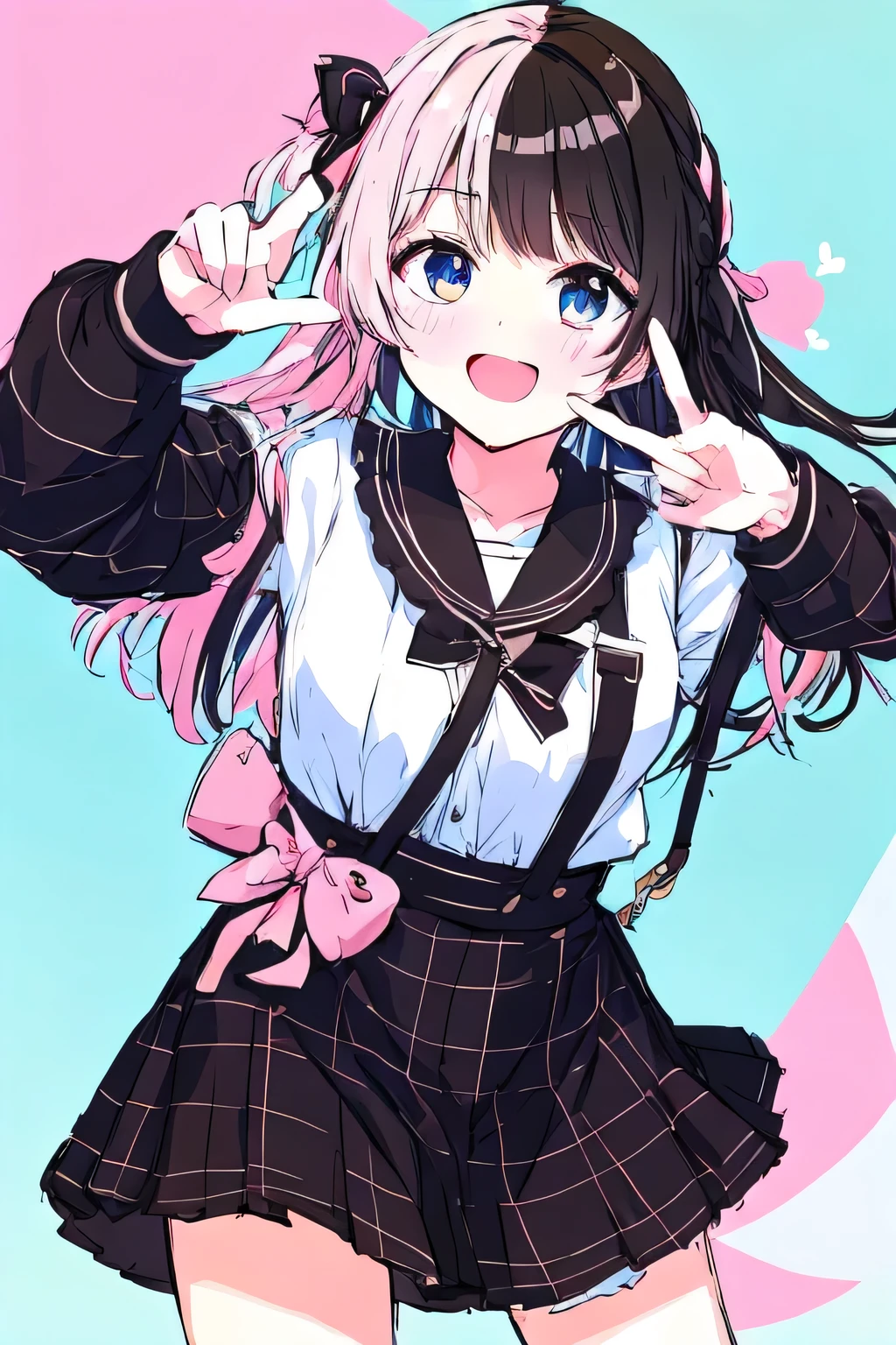 ((One girl)),cute,(Embarrassed),Vspo,vspo,(Tachibana Hinano),Making a peace sign,((Hinano Tachibana)),Two-tone color,((Two-tone color of pink and brown))