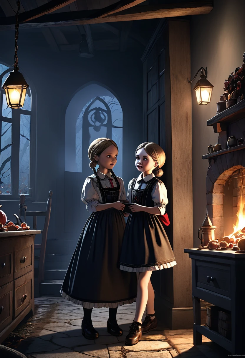 cover page, highres, paid reward available, unparalleled masterpiece, terrifying tale, Hansel and Gretel perfect anatomy, good lighting, volumetric lighting, cinematic shadow,