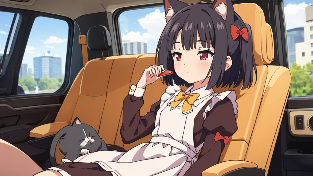 1 girl, Alone, Brown hair, animal ears, cola, cat ears, cat cola, bow, old, two sides up, long sleeves, maid headvestido, Bell, jingle Bell, food, short hair, short dress mini skirt, small old, puffy sleeves, bowtie, cat girl, steering wheels, juliet sleeves, animal ear fluff, hits, apron, hair bow, clothing trimming, strawberry, blush, clavicle