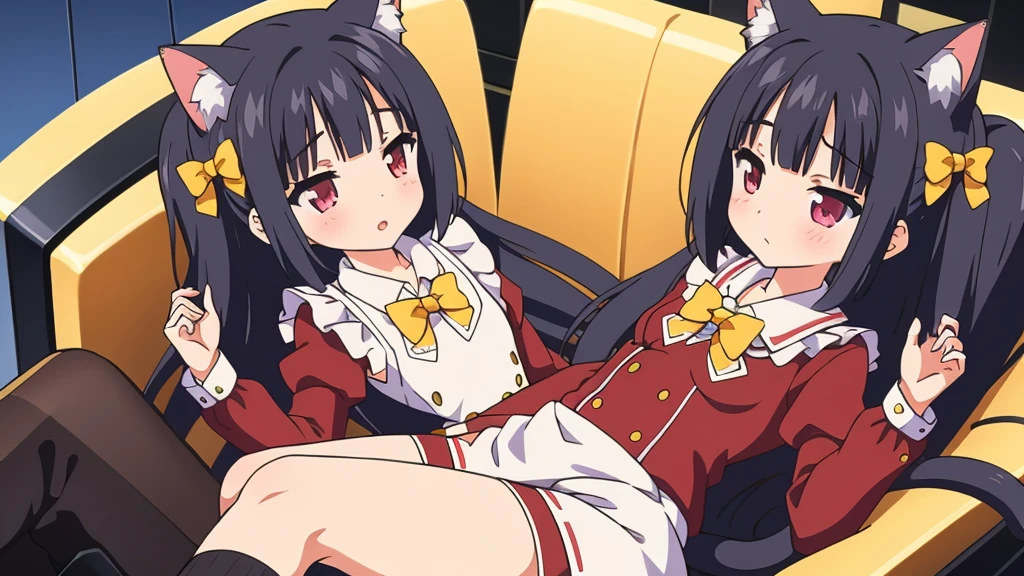1 girl, Alone, Brown hair, animal ears, cola, cat ears, cat cola, bow, old, two sides up, long sleeves, maid headvestido, Bell, jingle Bell, food, short hair, short dress mini skirt, small old, puffy sleeves, bowtie, cat girl, steering wheels, juliet sleeves, animal ear fluff, hits, apron, hair bow, clothing trimming, strawberry, blush, clavicle