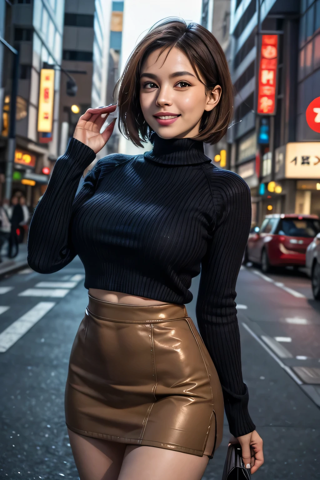 8K, RAW Photos, Highest quality, masterpiece, Realistic, Realistic, (1. Ultimate beauty), middle aged, Highly detailed face, fine grain, double eyelid, eyelash, Grin, Beautiful Teeth, Lip details, Brunette Bob, Big Breasts, (Blue Turtleneck Sweater), ((Brown mini skirt)), Cowboy Shot, Ginza Street in Tokyo, Cityscape, Soft Light, ((Written boundary depth))
