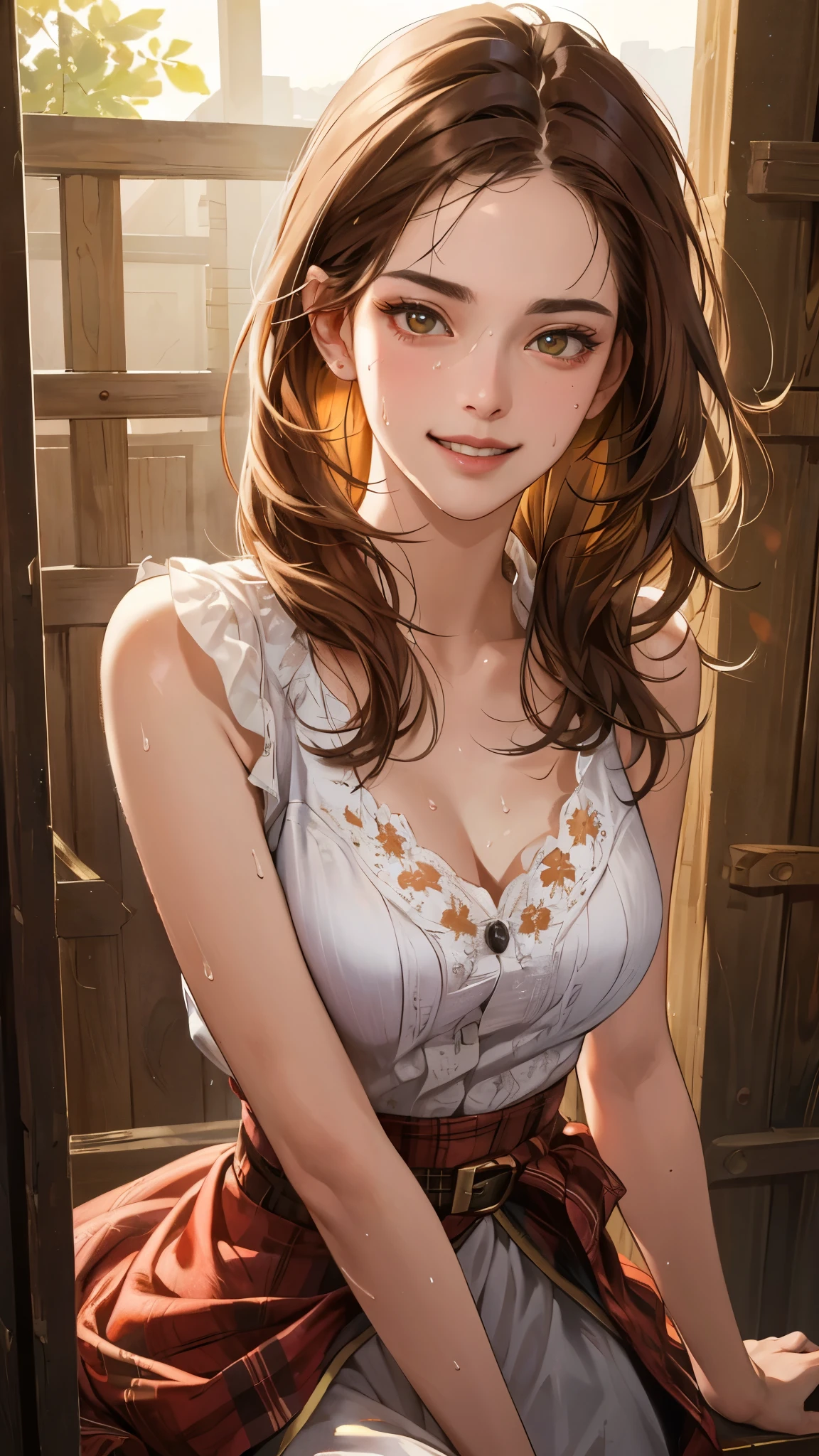 ((((masterpiece, best quality, high resolution)))), Extremely detailed 8K, 1 female, wearing a worn out cowboy outfit, (Ultra HD, Ultra-detailed, Highly detailed, Highly realistic, Ultra-realistic, photograph realistic), (1girl:1.5), (Realistic brown hair), (dynamic poses), facing at camera, looking at viewer, (smiling face), (hazel eyes, sharp eyes), (perky breasts:1.2), (beautiful detailed face, beautiful detailed eyes), sweat, glow, (sunbeam, sunlight), western scene, seductive, EnvyBetterHands LoCon,