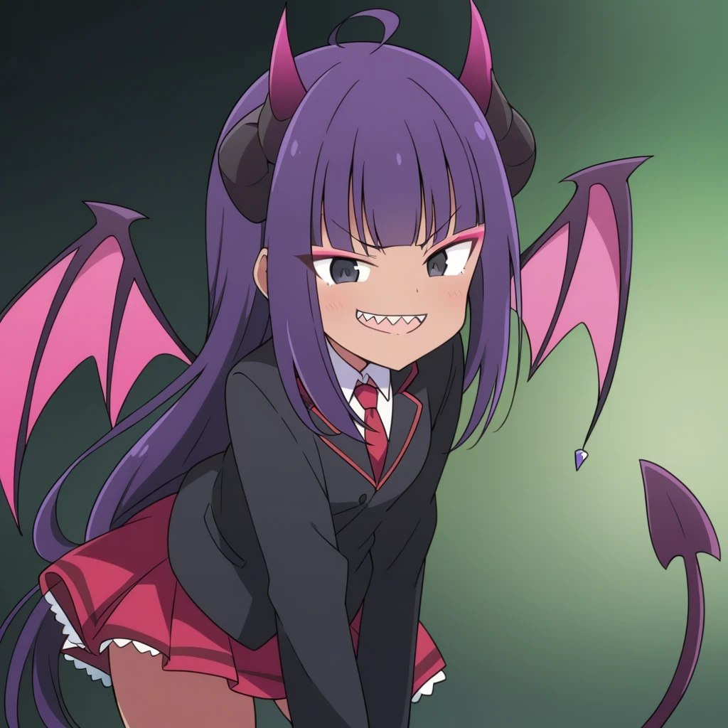 score_9, score_8_up, score_7_up, source_anime, rating_safe, anime screencap, rezero_style, ((suit)), (cardigan), (skirt), (stockings), intricate details, masterpiece, top quality, best quality, ((tan)), (shark teeth), ((solo)), ((1girl)), (long dark purple hair), ((spiky hair)), (hime haircut), (adult), ((dark)), (mysterious), scary, intimidating, (stocking), ((dynamic pose)), (hime bangs), ((unique clothing)), (black eyes), (smug expression), (flirting), (makeup), (succubus horns), (succubus tail), (succubus wings),