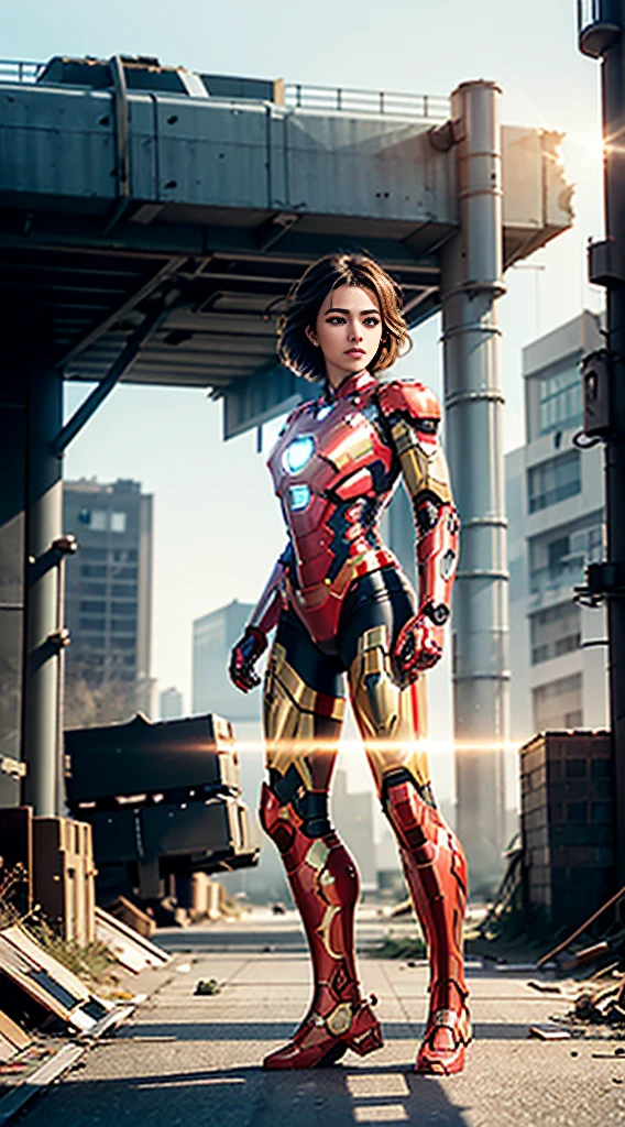 RAW, Masterpiece, Ultra Fine Photo,, Best Quality, Ultra High Resolution, Photorealistic, Sunlight, Full Body Portrait, Stunningly Beautiful,, Dynamic Poses, Delicate Face, Vibrant Eyes, (Side View) , she is wearing a futuristic Iron Man mech, red and gold color scheme, highly detailed abandoned warehouse background, detailed face, detailed and complex busy background, messy, gorgeous, milky white, high detailed skin, realistic skin details, visible pores , sharp focus, volumetric fog, 8k uhd, dslr camera, high quality, film grain, fair skin, photorealism, lomography, sprawling metropolis in futuristic dystopia, view from below, translucent