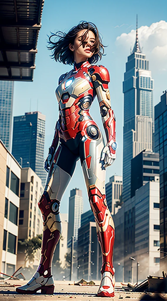 RAW, Masterpiece, Ultra Fine Photo,, Best Quality, Ultra High Resolution, Photorealistic, Sunlight, Full Body Portrait, Stunningly Beautiful,, Dynamic Poses, Delicate Face, Vibrant Eyes, (Side View) , she is wearing a futuristic Iron Man mech, red and gold color scheme, highly detailed abandoned warehouse background, detailed face, detailed and complex busy background, messy, gorgeous, milky white, high detailed skin, realistic skin details, visible pores , sharp focus, volumetric fog, 8k uhd, dslr camera, high quality, film grain, fair skin, photorealism, lomography, sprawling metropolis in futuristic dystopia, view from below, translucent