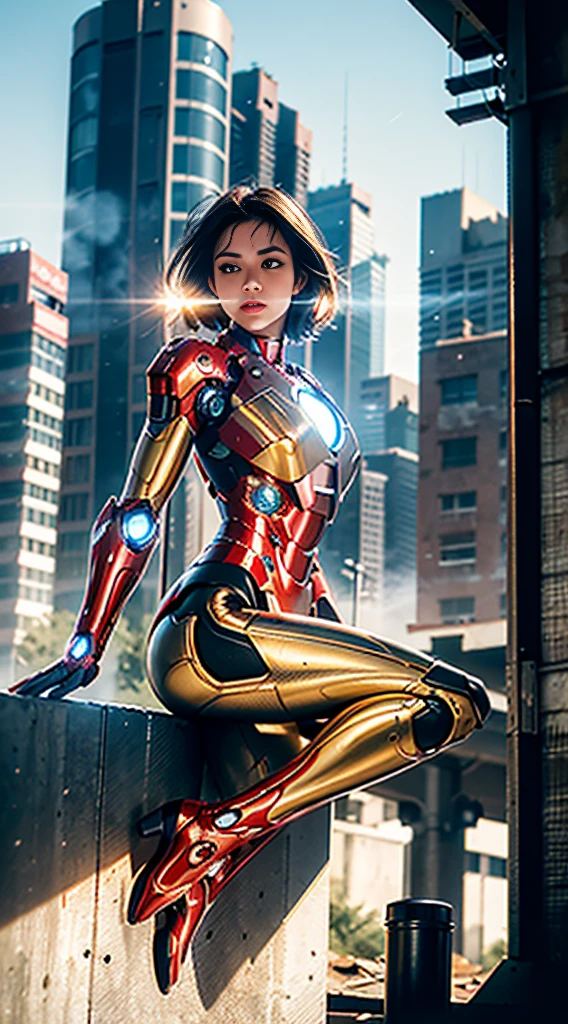 RAW, Masterpiece, Ultra Fine Photo,, Best Quality, Ultra High Resolution, Photorealistic, Sunlight, Full Body Portrait, Stunningly Beautiful,, Dynamic Poses, Delicate Face, Vibrant Eyes, (Side View) , she is wearing a futuristic Iron Man mech, red and gold color scheme, highly detailed abandoned warehouse background, detailed face, detailed and complex busy background, messy, gorgeous, milky white, high detailed skin, realistic skin details, visible pores , sharp focus, volumetric fog, 8k uhd, dslr camera, high quality, film grain, fair skin, photorealism, lomography, sprawling metropolis in futuristic dystopia, view from below, translucent