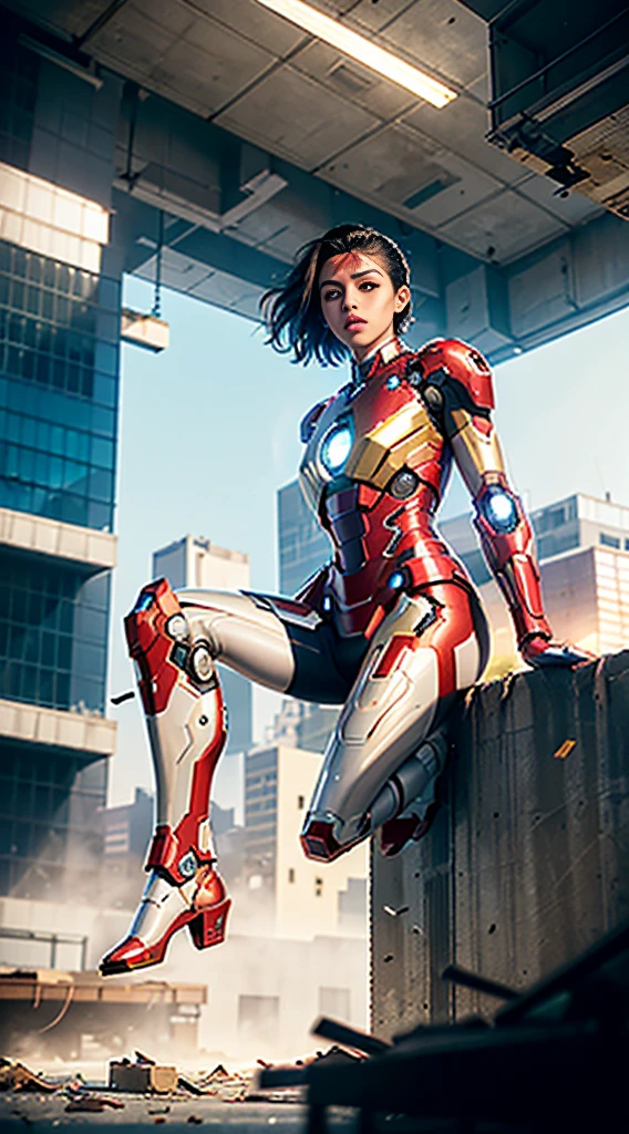 RAW, Masterpiece, Ultra Fine Photo,, Best Quality, Ultra High Resolution, Photorealistic, Sunlight, Full Body Portrait, Stunningly Beautiful,, Dynamic Poses, Delicate Face, Vibrant Eyes, (Side View) , she is wearing a futuristic Iron Man mech, red and gold color scheme, highly detailed abandoned warehouse background, detailed face, detailed and complex busy background, messy, gorgeous, milky white, high detailed skin, realistic skin details, visible pores , sharp focus, volumetric fog, 8k uhd, dslr camera, high quality, film grain, fair skin, photorealism, lomography, sprawling metropolis in futuristic dystopia, view from below, translucent