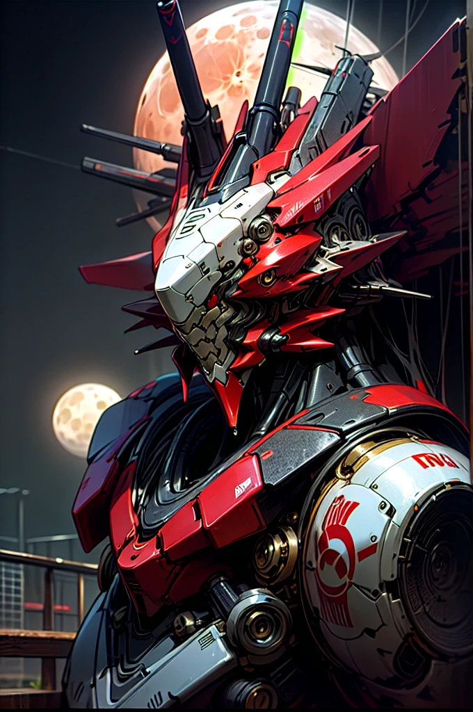 RAW photo, photography, sharp focus, (masterpiece),((ultra-detailed)), (ultra realistic), (highly detailed CG illustration), (huge moon in the background:1.2), (evil mecha:1.2), epic pose, ((black color with red accents)), rain, rainy weather, natural lighting, (close up), (eye level), volumetric light, (guns), looking at viewer,