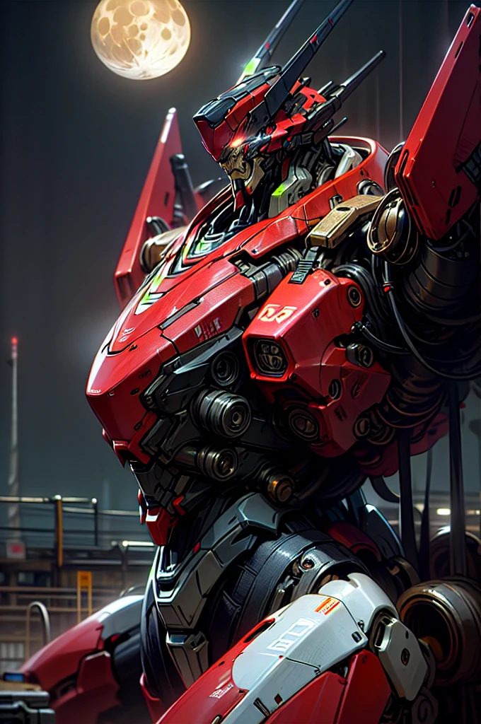 RAW photo, photography, sharp focus, (masterpiece),((ultra-detailed)), (ultra realistic), (highly detailed CG illustration), (huge moon in the background:1.2), (evil mecha:1.2), epic pose, ((black color with red accents)), rain, rainy weather, natural lighting, (close up), (eye level), volumetric light, (guns), looking at viewer,