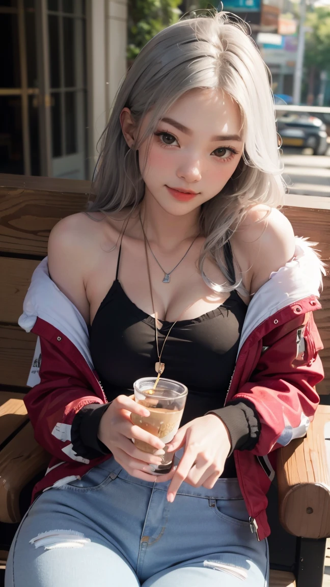 (masterpiece), (best quality), (ultra detailed),(illustration), (1girl),looking at viewer, (interview),beautiful detailed eyes, delicate beautiful face, Floating,(high saturation),(shining), large breast, frimadef, grey hair, white shirt, red jacket, fur trim, open clothes, off shoulder, black pants, torn pants, necklace, sleep mask, smiled