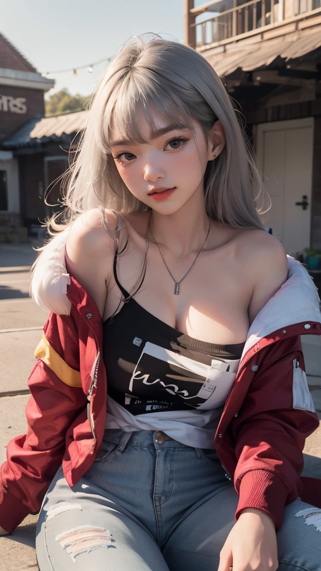 (masterpiece), (best quality), (ultra detailed),(illustration), (1girl),looking at viewer, (interview),beautiful detailed eyes, delicate beautiful face, Floating,(high saturation),(shining), large breast, frimadef, grey hair, white shirt, red jacket, fur trim, open clothes, off shoulder, black pants, torn pants, necklace, sleep mask, smiled