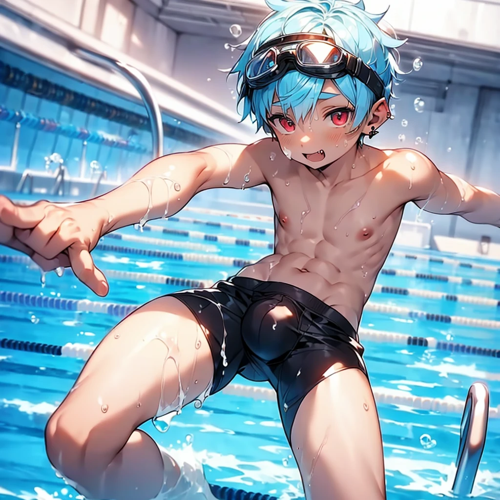 (solo:2), (boldline:-1.7), (swimming:1.5), (arched back:1.1), ((bubble)), (spread legs:1.2), (((fang))), (((best finger))), BREAK (best quality:1.5), (absolutely resolution:1.5), (ultra detailed:1.5), (masterpiece:1.5), (perfect face), (detailed face), (detailed eyes), (best eyes), (cute face), (shota:2.2), BREAK (topless:1.5), BREAK (white speedos:1.5), (swimming goggles on head:1.3), (see throgh wet clothes:1.4), (bulge:1.6), (skinny:1.3), (spiked hair), BREAK (light blue hair:1.5), (wine red eyes:1.4), (eyes with highlight:1.6), ((mole under eye)), (sweaty skin), (chuckling:1.5), ((earrings)), (shiny skin:1.3), BREAK (stadium), (pool:1.5), (sunlight), ((wind blowing)), (((nipple))), ((abs)), (groin), water splashing, from below,