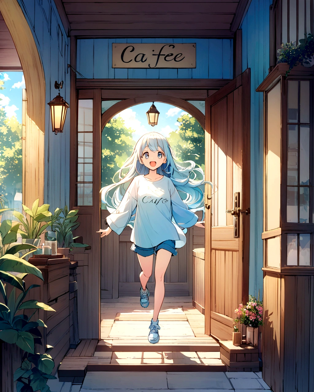 A vibrant anime-style illustration featuring a cheerful girl with long, flowing hair that transitions from black to white at the tips. She is wearing a light blue oversized t-shirt, blue shorts, and light blue sneakers. She is joyfully jumping in front of a cozy, modern cafe with a blue exterior and wooden elements. The cafe has a sign with cursive writing above the door and an inviting interior with warm lighting and wooden furniture. The scene is set on a sunny day with lush green plants around the entrance, creating a bright and lively atmosphere."