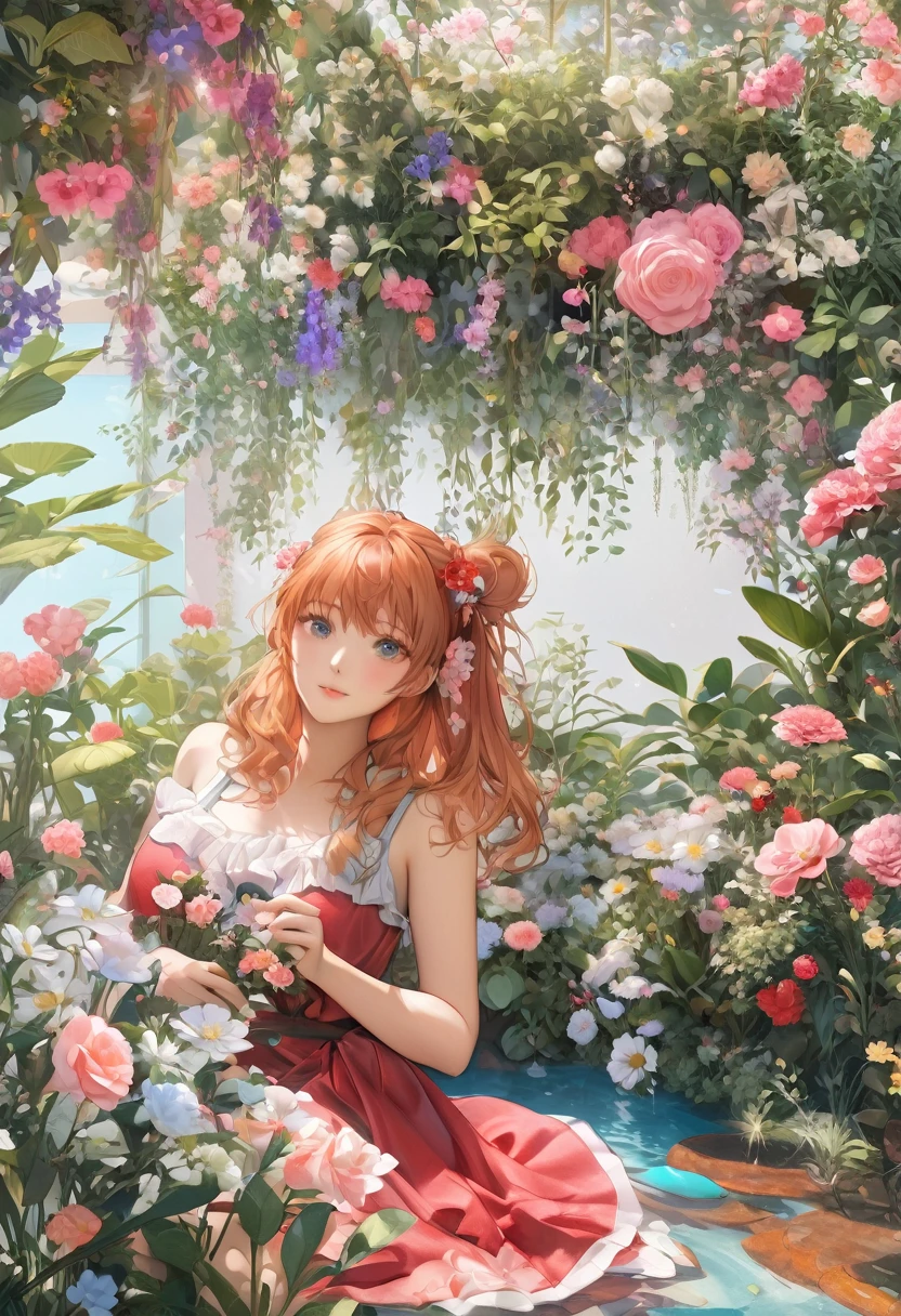 anime girl sitting in a garden with flowers and a blue pool, 🌺 cgsociety, beautiful anime portrait, official artwork, portrait of asuka langley soryu, beautiful anime art style, beautiful anime art, kawaii realistic portrait, beautiful anime girl, beautiful anime style, , beautiful anime artwork, beautiful anime, guweiz on pixiv artstation, rin