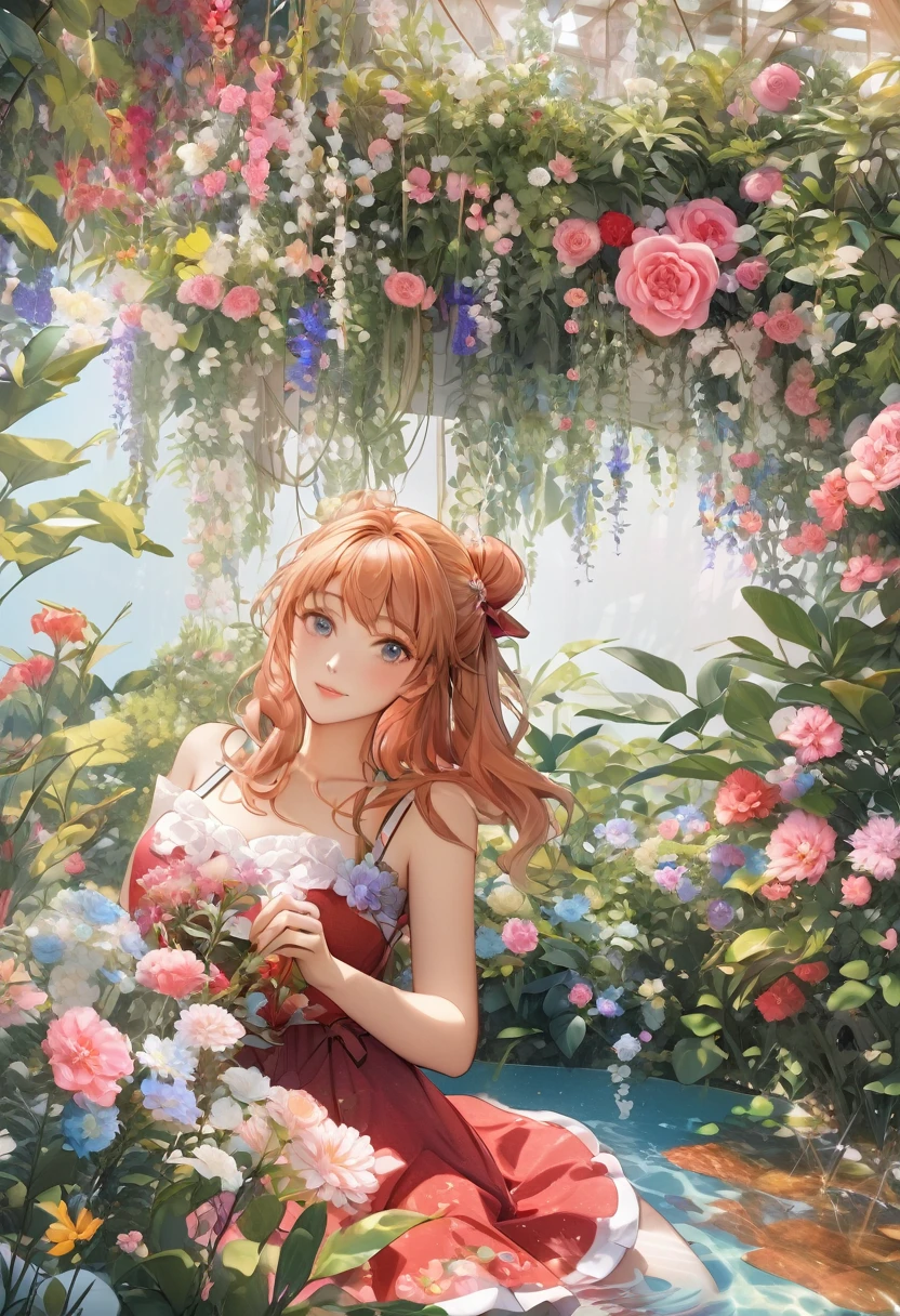 anime girl sitting in a garden with flowers and a blue pool, 🌺 cgsociety, beautiful anime portrait, official artwork, portrait of asuka langley soryu, beautiful anime art style, beautiful anime art, kawaii realistic portrait, beautiful anime girl, beautiful anime style, , beautiful anime artwork, beautiful anime, guweiz on pixiv artstation, rin