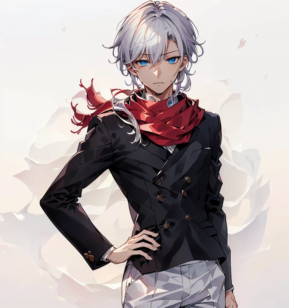 Close-up of a person wearing dark clothes and white pants, a man wearing a red scarf,a man with rather sharp hair,A man with gentle eyes,Anime handsome man, Tall anime man with blue eyes, Inspired by Ryusei Kishida, Kazuma Kaneko, kakyoin, Shikano Makoto, Xin Jiacheng, ( ( ( Ji Chengyao ) ) ), Cool anime poses, Akihiko Yoshida!
