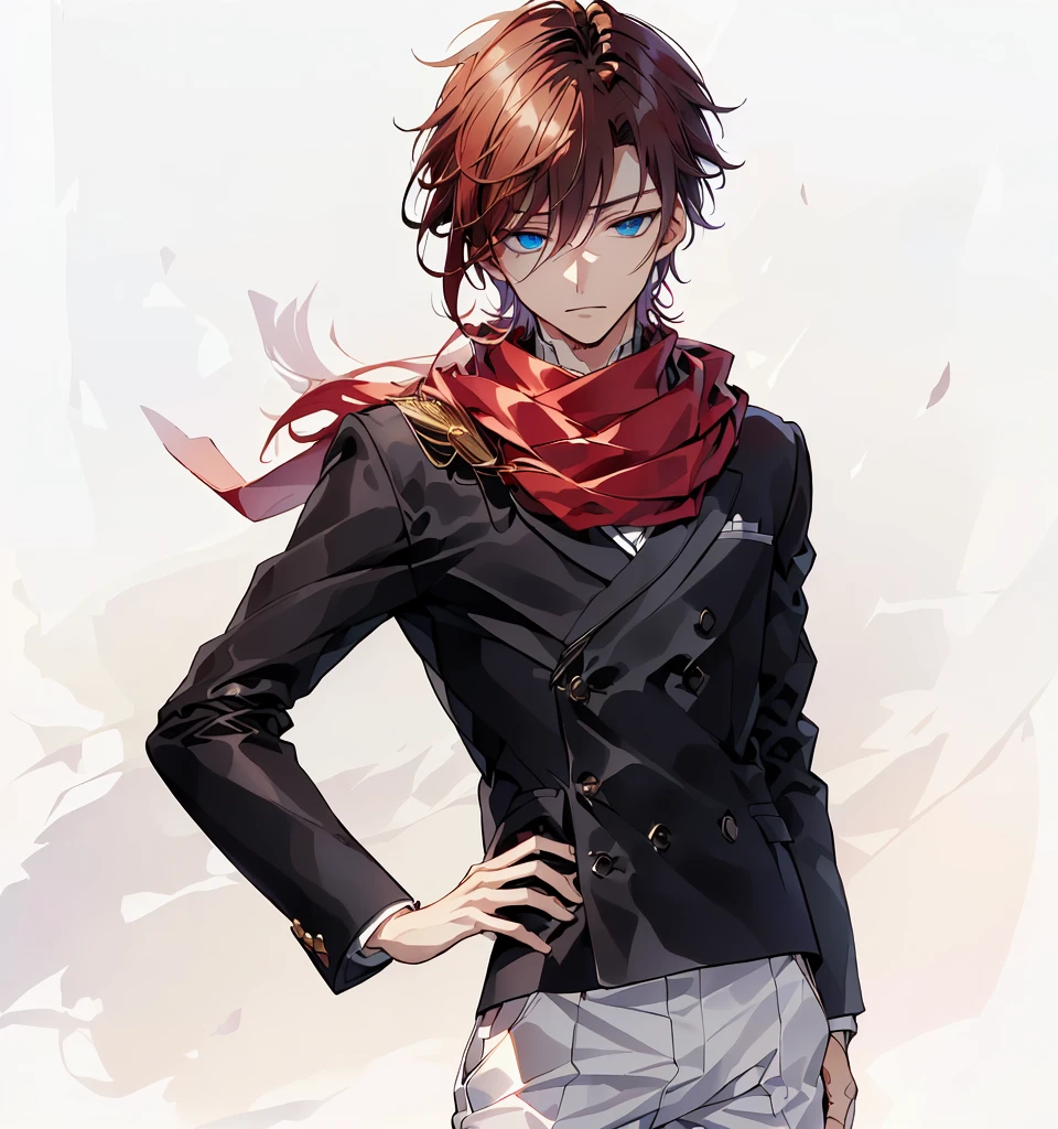 Close-up of a person wearing dark clothes and white pants, a man wearing a red scarf,a man with rather sharp hair,A man with gentle eyes,Anime handsome man, Tall anime man with blue eyes, Inspired by Ryusei Kishida, Kazuma Kaneko, kakyoin, Shikano Makoto, Xin Jiacheng, ( ( ( Ji Chengyao ) ) ), Cool anime poses, Akihiko Yoshida!