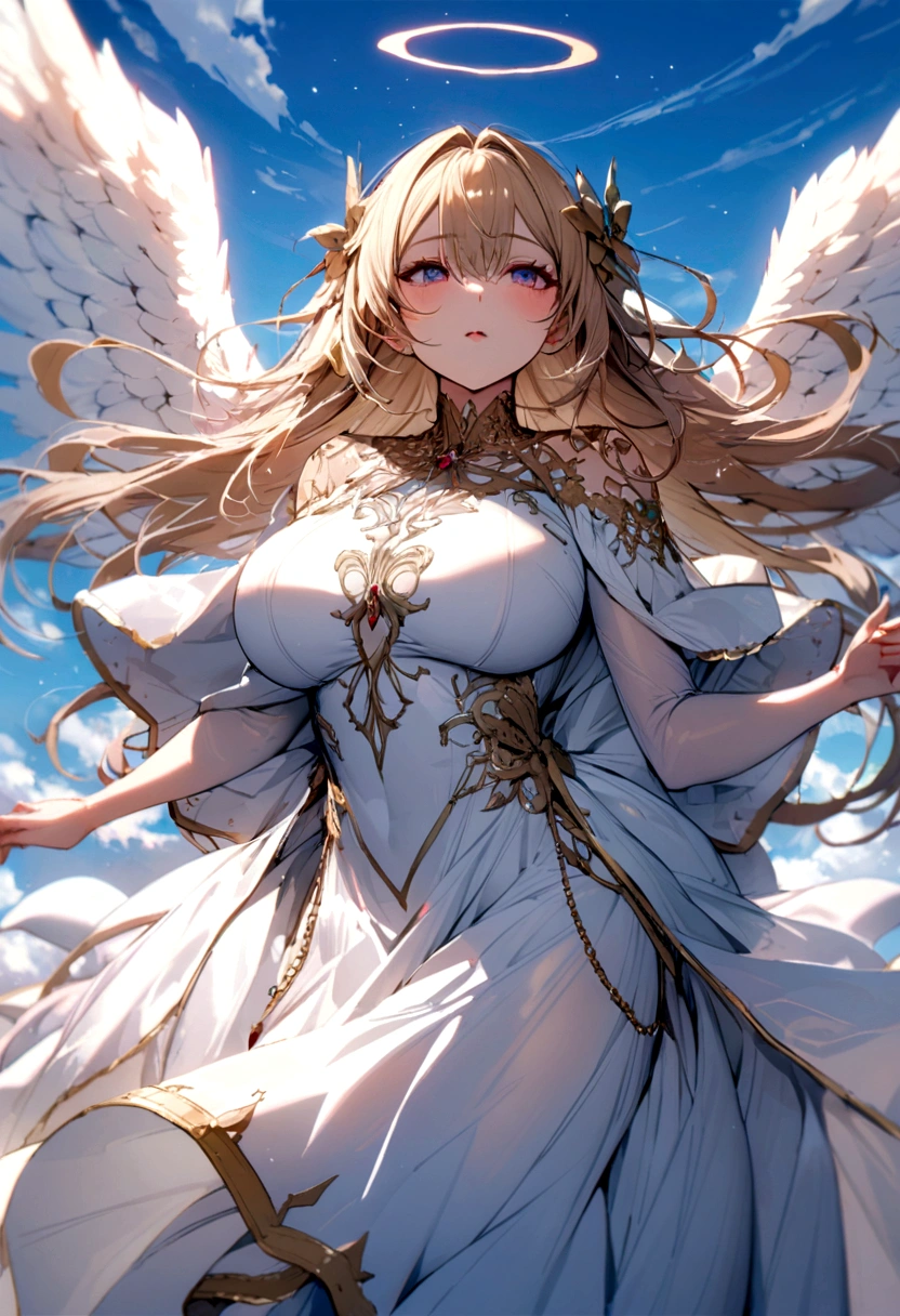 Big Breasts Angel, Wearing a gorgeous dress that covers the whole body, Floating in the air, angel wings, outdoor