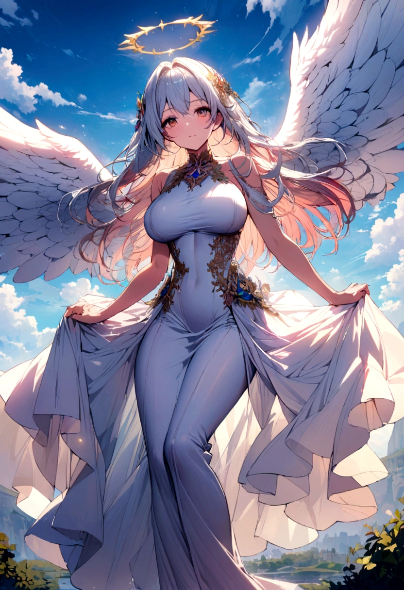 Big Breasts Angel, Wearing a gorgeous dress that covers the whole body, Floating in the air, angel wings, outdoor