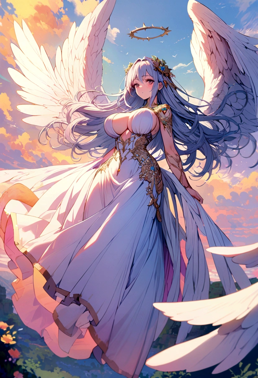 Big Breasts Angel, Wearing a gorgeous dress that covers the whole body, Floating in the air, angel wings, outdoor